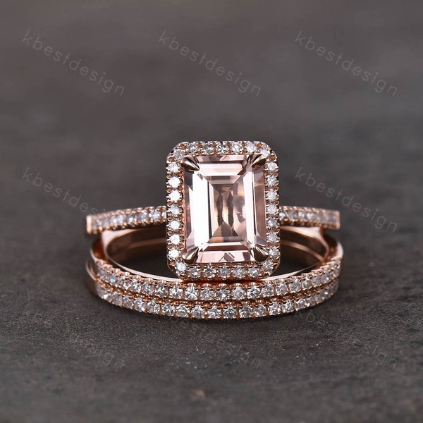 Natural Emerald Cut Morganite Engagement Ring Rose Gold Morganite Wedding Ring Set Minimalist Stacking Matching Bands Bridal Promise Ring
