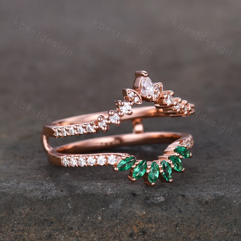 Double curved Moissanite/Emerald wedding band vintage Rose gold marquise emerald cluster band Half eternity stacking band Promise gift image 2