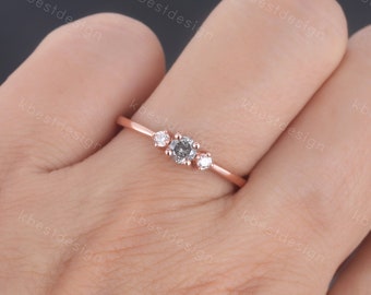 Salt and Pepper Diamond Engagement Ring Three Stone Ring Rose Gold Engagement Ring Dainty Ring Wedding Promise Anniversary Gift Solitaire