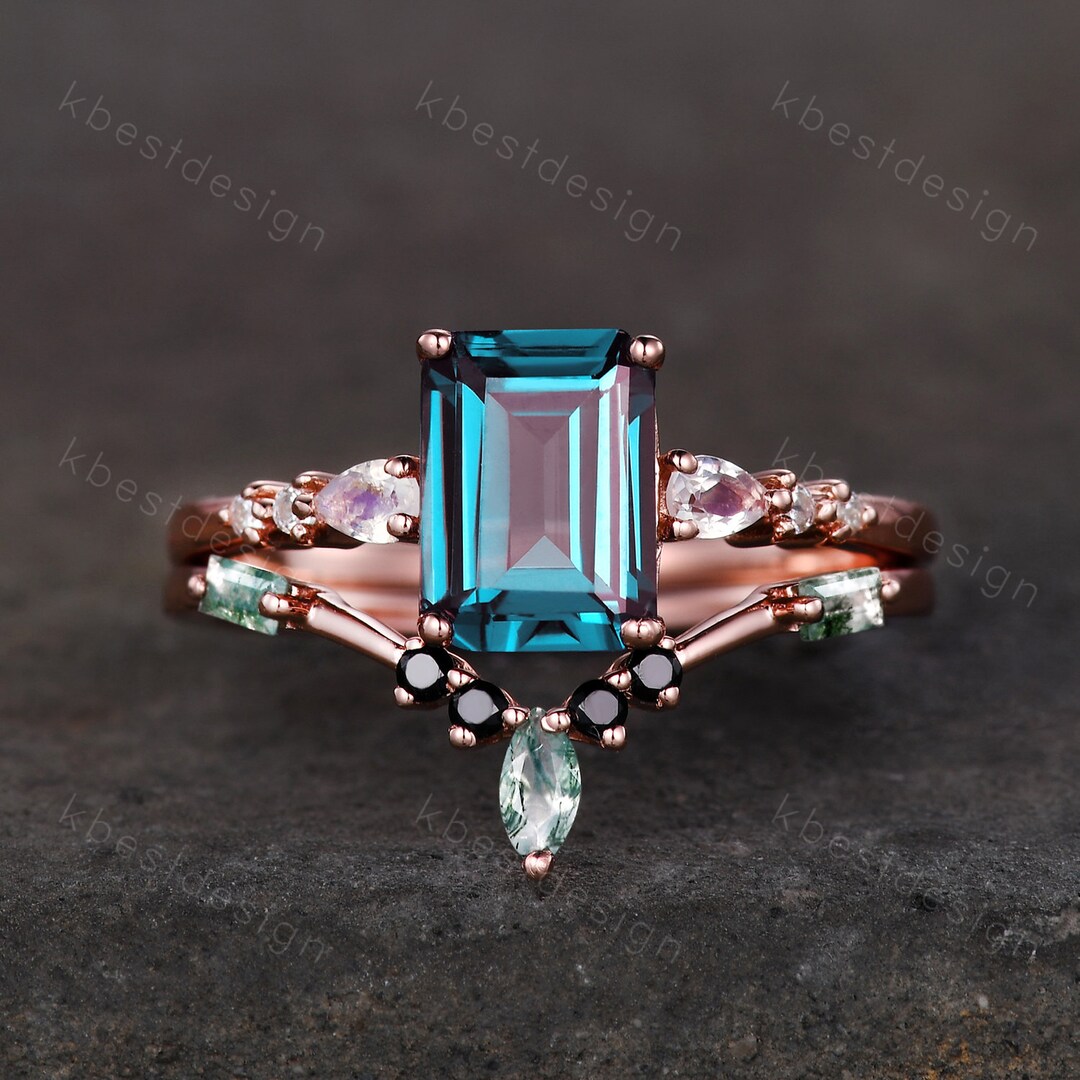Emerald Cut Alexandrite Engagement Ring Set Rose Gold Ring for Etsy