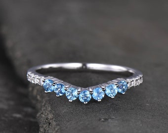 Blue topaz ring, wedding ring, Curved stacking ring, Matching band, Gemstone band, Silver ring, Stackable, December birthstone