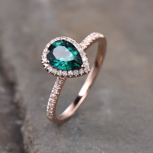 Emerald Ring, May Birthstone Ring, Pear Emerald Engagement Ring, Rose Gold Emerald Ring, Halo Ring, Promise Ring, Green Gemstone image 1