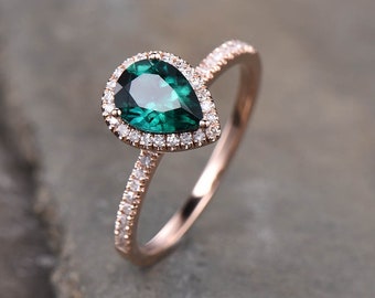 Emerald Ring, May Birthstone Ring, Pear Emerald Engagement Ring, Rose Gold Emerald Ring, Halo Ring, Promise Ring, Green Gemstone