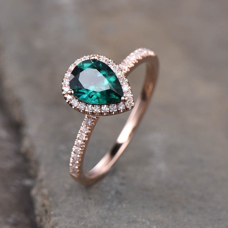 Emerald Ring, May Birthstone Ring, Pear Emerald Engagement Ring, Rose Gold Emerald Ring, Halo Ring, Promise Ring, Green Gemstone 画像 1