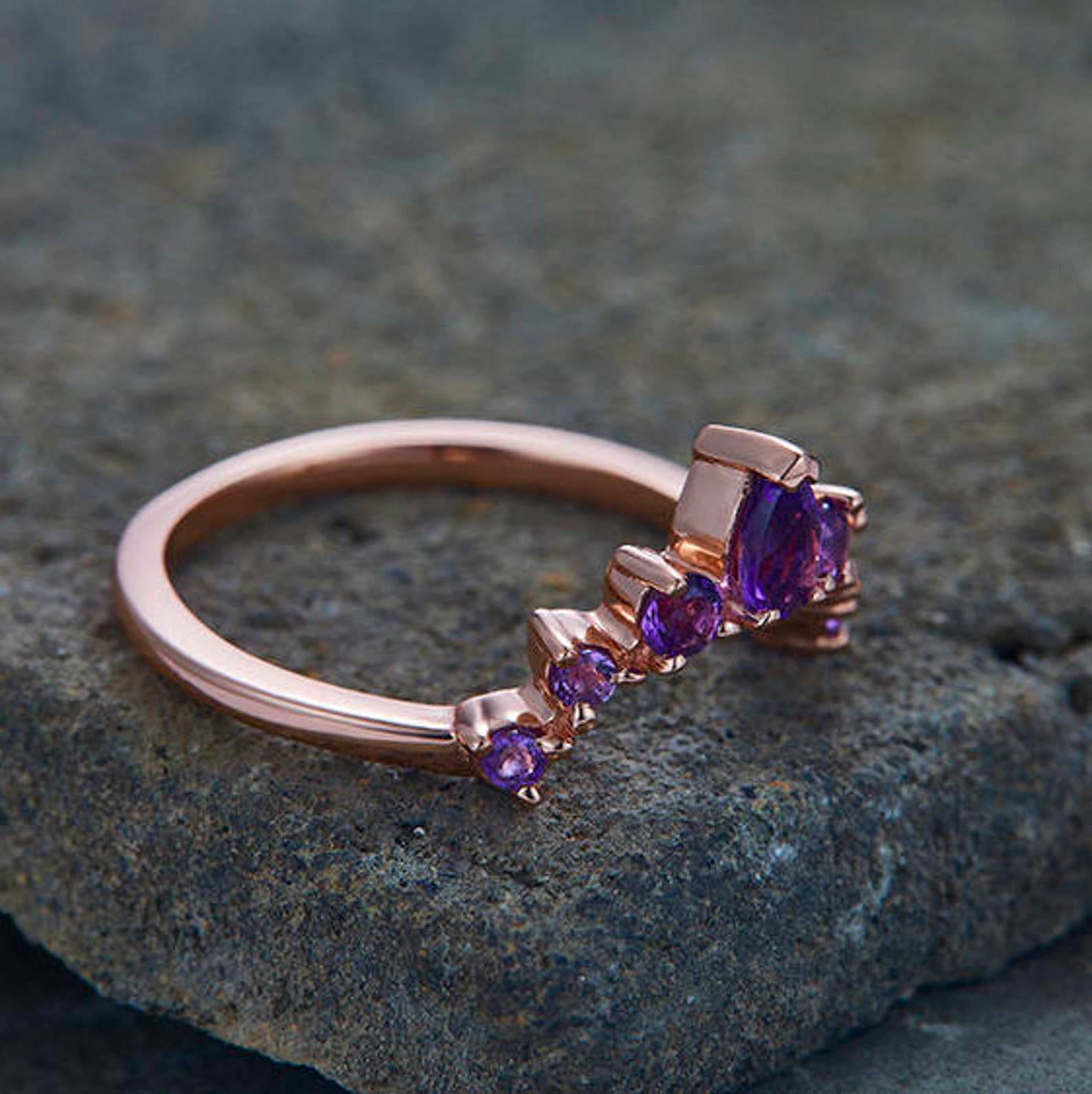 Amethyst Wedding Band Crown Wedding Band Curve Wedding Ring Etsy
