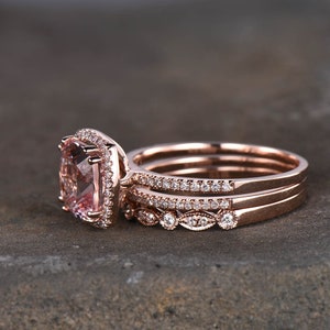 9mm Cushion Cut Morganite Engagement Ring Rose Gold Morganite Wedding Ring Set Art Deco Stacking Matching Bands Bridal Ring Set image 5