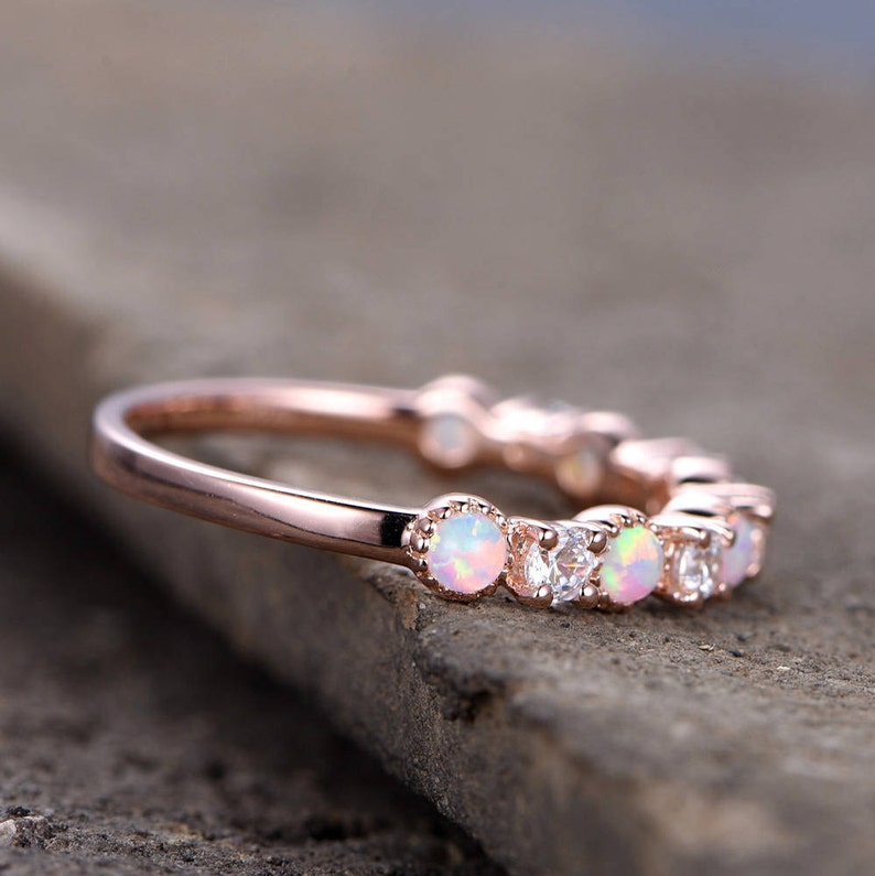Opal Wedding Ring/Opal ring/Opal Wedding Band/Rose Gold Plated/Sterling Silver/CZ Diamond Enternity band/Vintage Opal Diamond Ring/ image 4