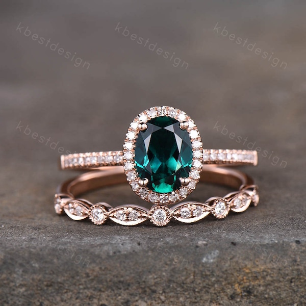 Emerald ring vintage unique oval emerald engagement ring set rose gold ring for women Art deco moissanite wedding band May birthstone ring