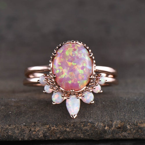 Rose Gold Opal Wedding Set Pink Opal Engagement Ring Opal - Etsy