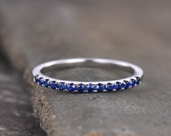 Half Eternity Sapphire Ring, Sapphire Wedding Band, Silver Sapphire Ring, Gemstone Band, Stacking Ring, Matching Band, Anniversary Gift