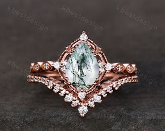 Vintage moss agate engagement ring set rose gold green moss agate ring unique curved Moissanite stacking band pear shaped bridal wedding set