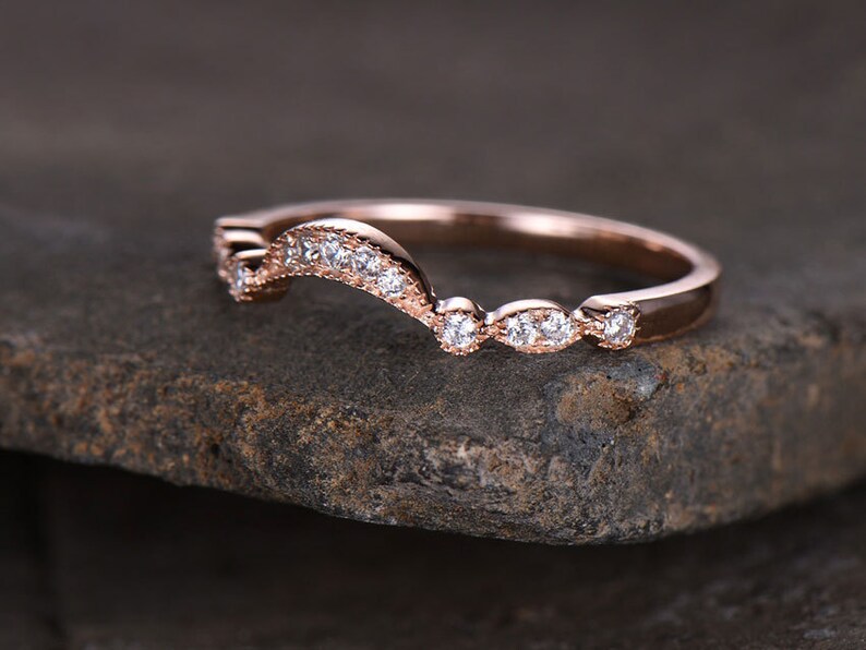 Sterling silver ring for women/Cubic Zirconia wedding band/CZ wedding ring/stackable ring/Matching band/Rose gold plated/curve half moon gap image 2