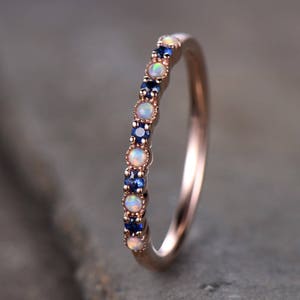 Opal Wedding Ring Opal Sapphire Wedding Band Half Eternity Matching Band Rose Gold Plated Sterling Silver 10K/14K Rose Gold Anniversary Ring