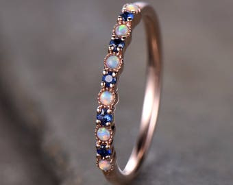 Opal Wedding Ring Opal Sapphire Wedding Band Half Eternity Matching Band Rose Gold Plated Sterling Silver 10K/14K Rose Gold Anniversary Ring