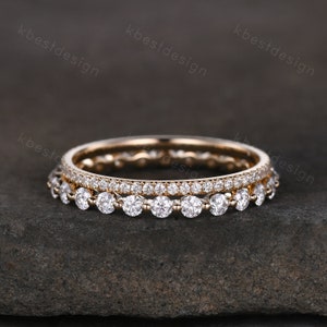 2PCS Moissanite wedding band set women 2mm Round cut eternity band Yellow gold wedding band Unique Stacking Matching anniversary ring gift