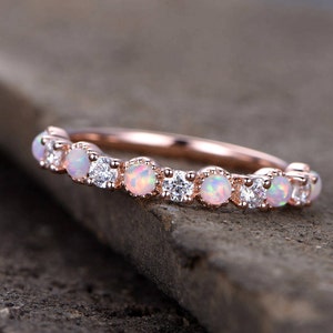 Opal Wedding Ring/Opal ring/Opal Wedding Band/Rose Gold Plated/Sterling Silver/CZ Diamond Enternity band/Vintage Opal Diamond Ring/ image 5