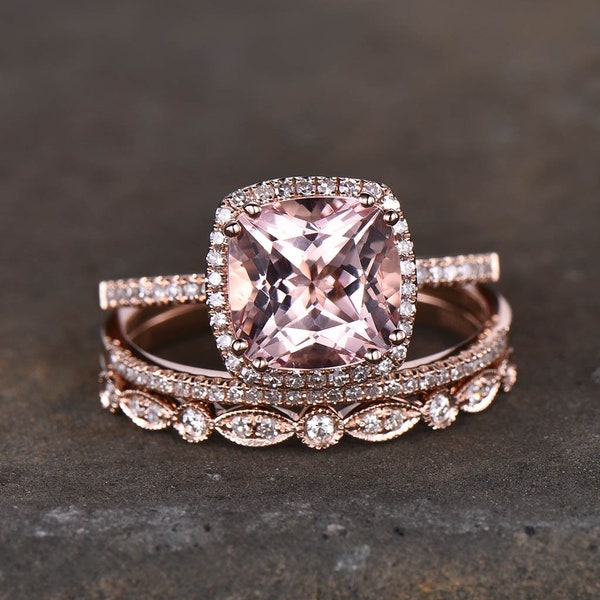 9mm Cushion Cut Morganite Engagement Ring Rose Gold Morganite Wedding Ring Set Art Deco Stacking Matching Bands Bridal Ring Set