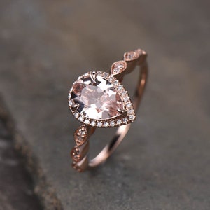 Vintage Teardrop Morganite Ring Rose Gold Morganite Engagement Ring Art ...