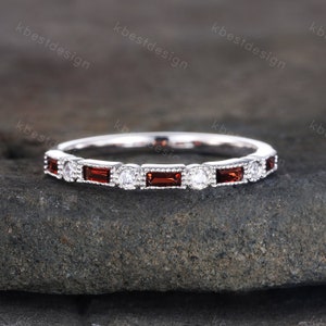 Garnet Ring, Baguette Garnet Wedding Band, Art Deco Half Eternity Band, January Birthstone Ring, Gemstone Band, Anniversary Gift, Sliver