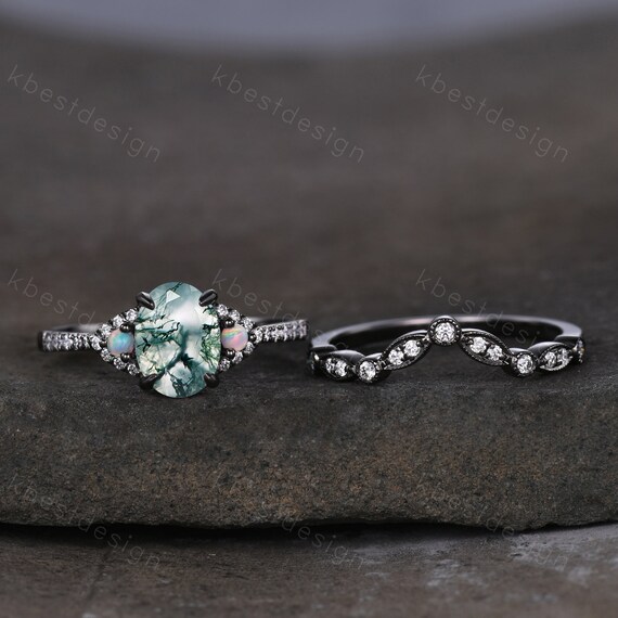 Vintage Moss Agate Engagement Ring Set Black Gold Green Moss Agate 