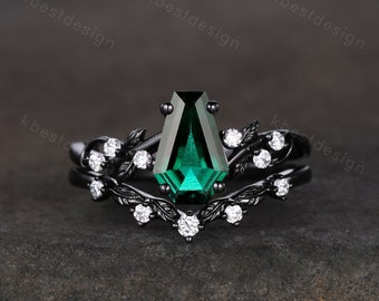 Anillo de compromiso esmeralda verde ataúd vintage conjunto anillo de moissanita hoja de ramita de oro negro anillo de piedra de nacimiento de mayo conjunto de anillo de boda nupcial único