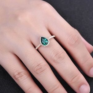 Emerald Ring, May Birthstone Ring, Pear Emerald Engagement Ring, Rose Gold Emerald Ring, Halo Ring, Promise Ring, Green Gemstone image 5