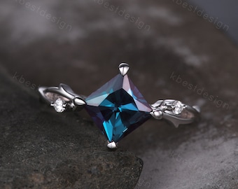 Princess cut alexandrite engagement ring unique twig vine moissanite wedding ring square ring for women June birthstone bridal promise ring