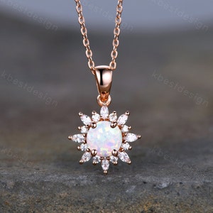 1CT White Fire Opal Necklace, Rose Gold Round cut Opal Pendant, October Birthstone Jewelry, Unique Opal Moissanite Pendant, Gift for Her