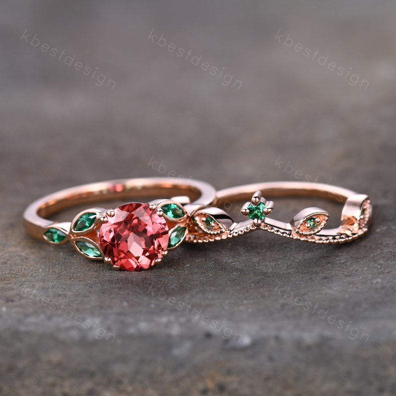 Sapphire emerald engagement ring set vintage unique rose gold engagement ring woman Marquise emerald wedding bridal Anniversary ring image 2