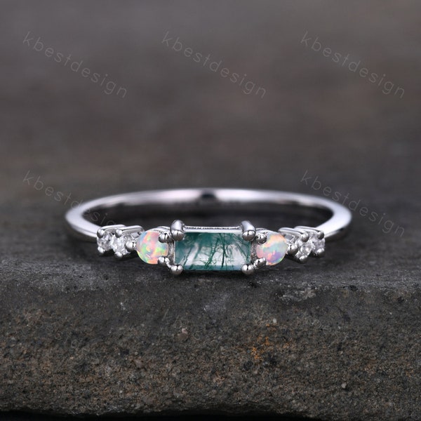 Baguette cut Moss Agate wedding band sterling silver Opal wedding band seven stone moissanite cluster ring unique women bridal ring