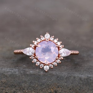 Vintage Lavender Amethyst Ring Rose Gold Round Cut Amethyst Engagement Ring Unique Art Deco Pear Shaped Diamond Bridal Promise Ring