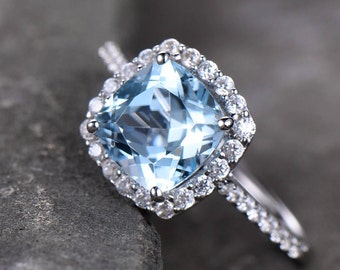 Blue Topaz Engagement Ring 8mm Cushion Cut Blue Gemstone Promise Ring CZ Pave Set 925 Sterling Silver Bridal Ring White Gold Plated