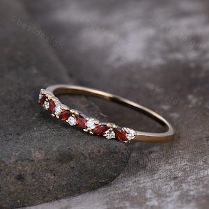 Garnet cluster wedding band Unique marquise cut garnet wedding band Vintage Moissanite ring Solid rose gold ring Anniversary gift for Her