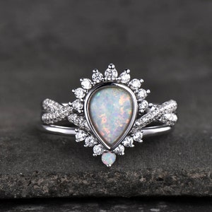 Opal Engagement Ring Set, Pear Shaped White Fire Opal Ring, Opal Wedding Ring Set, Statement Ring, Stacking Ring, Bridal Set, White Gold