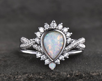 Opal Engagement Ring Set, Pear Shaped White Fire Opal Ring, Opal Wedding Ring Set, Statement Ring, Stacking Ring, Bridal Set, White Gold