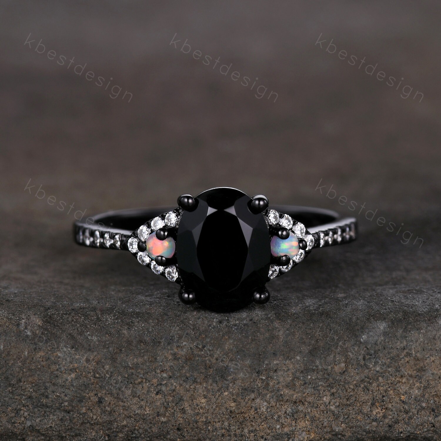 Vintage Black Onyx Engagement Ring Set Black Gold Oval Cut Vintage Black Onyx Engagement Ring Set Black Gold Oval Cut