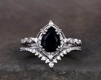 Vintage black onyx engagement ring sterling silver ring art deco curved stacking band pear shaped bridal set unique moissanite wedding set