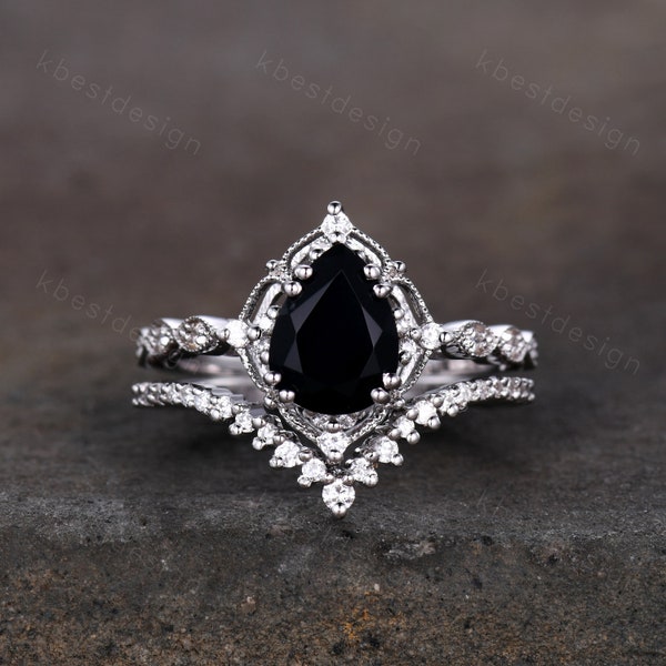 Vintage black onyx engagement ring sterling silver ring art deco curved stacking band pear shaped bridal set unique moissanite wedding set