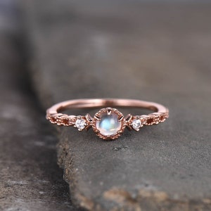 Dainty Moonstone Ring, Rainbow Moonstone Wedding Ring, Rose Gold Engagement Ring, Art Deco Ring, Minimalist Ring, Promise Ring