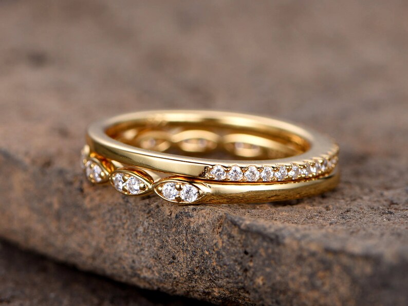 Art deco wedding bandSilver CZ wedding bandDiamond eternity bandstacking rings2PCS Matching bandHalf eternityYellow gold plated