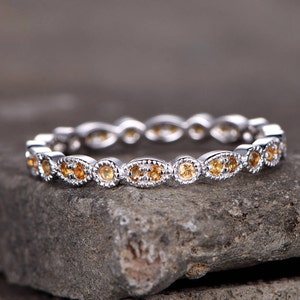 Eternity band Citrine Wedding ring Sterling silver ring for women Art Deco Style Dainty stackable ring Matching band White gold ring