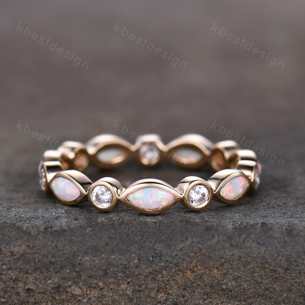 Marquise Opal Ring Full Eternity Opal Wedding Band Moissanite Wedding Ring Art deco Stacking Matching Band Anniversary Band Solid Gold Ring