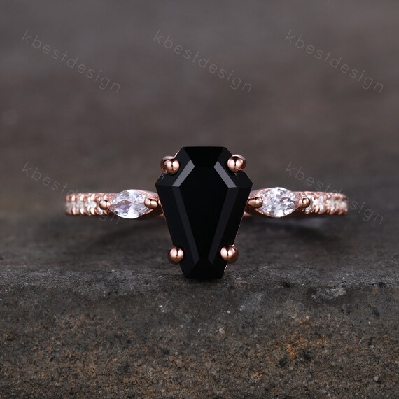 Coffin Shape Black Onyx Engagement Ring Vintage Rose Gold