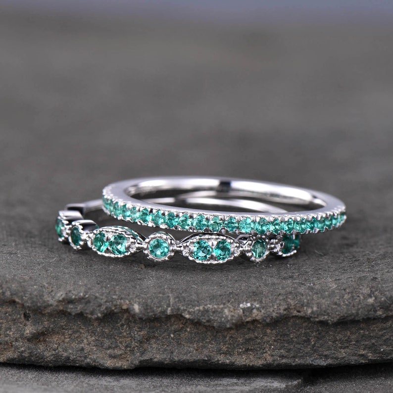 Emerald Wedding Set Dainty Emerald Ring Stacking Rings 925 | Etsy