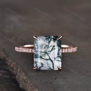 Emerald cut moss agate ring rose gold vintage engagement ring statement ring half eternity wedding bridal band anniversary promise ring