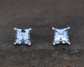 Genuine aquamarine stud earrings, princess cut aquamarine earring studs, 5mm AAA aquamarine studs, March birthstone, minimalist, tiny studs