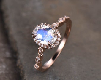 Moonstone Ring, Art Deco Moonstone Engagement Ring, Blue Gemstone Ring, Rose Gold Wedding Ring, Promise Ring, Anniversary Gift for Her