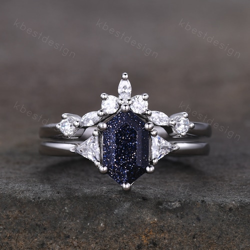 Oval Blue Sandstone Engagement Ring Set Unique Curved Diamond - Etsy