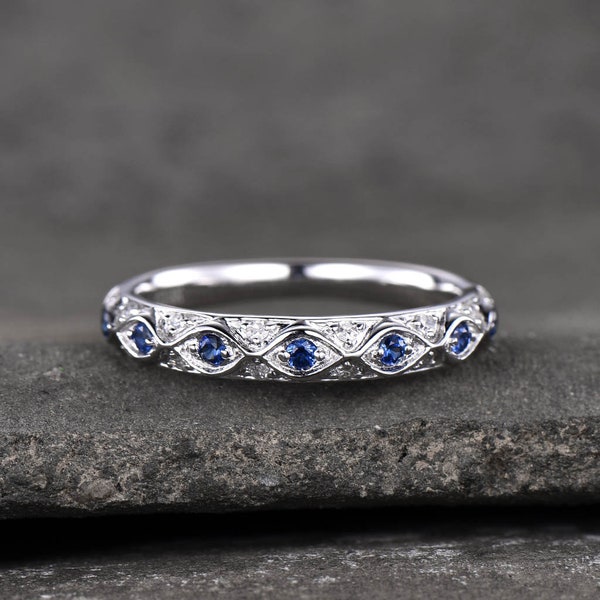 Antique Sapphire Wedding Band 925 Sterling Silver Vintage Wedding Ring September Birthstone Stacking Ring Anniversary Gift for Her Handmade