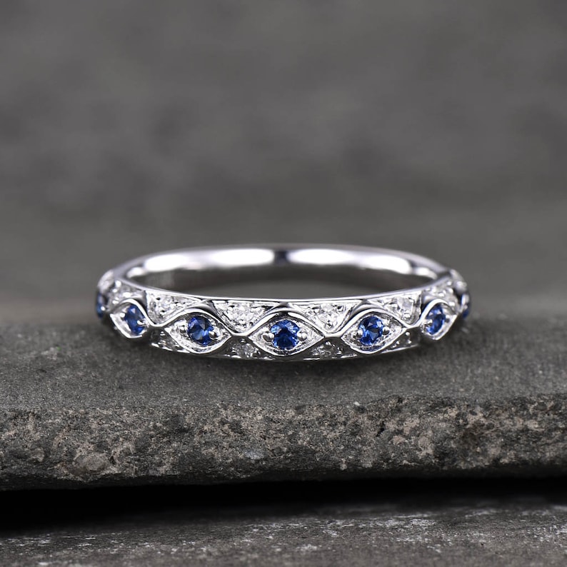 Antique Sapphire Wedding Band 925 Sterling Silver Vintage Wedding Ring September Birthstone Stacking Ring Anniversary Gift for Her Handmade 